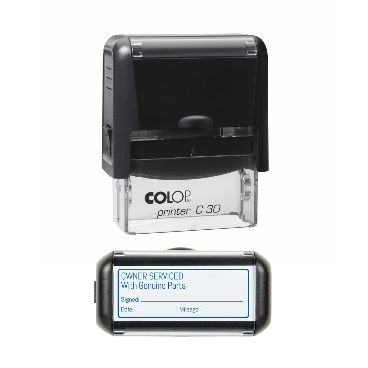 Owner Serviced With Genuine Parts COLOP C30 blue ink impression