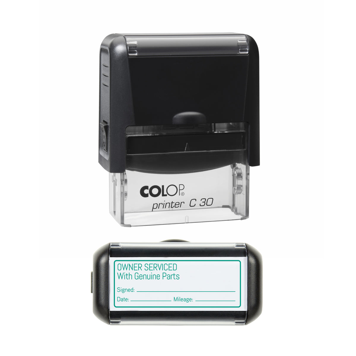 Owner Serviced With Genuine Parts COLOP C30 green ink impression