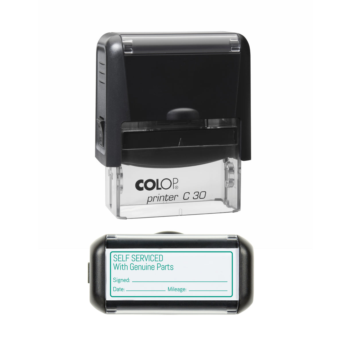 Self Serviced With Genuine Parts COLOP C30 green ink impression