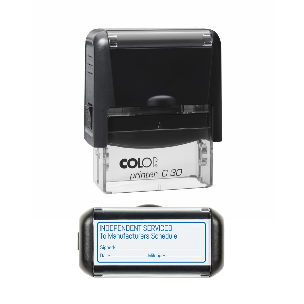 Independent Serviced To Manufacturers Schedule COLOP C30 blue ink impression