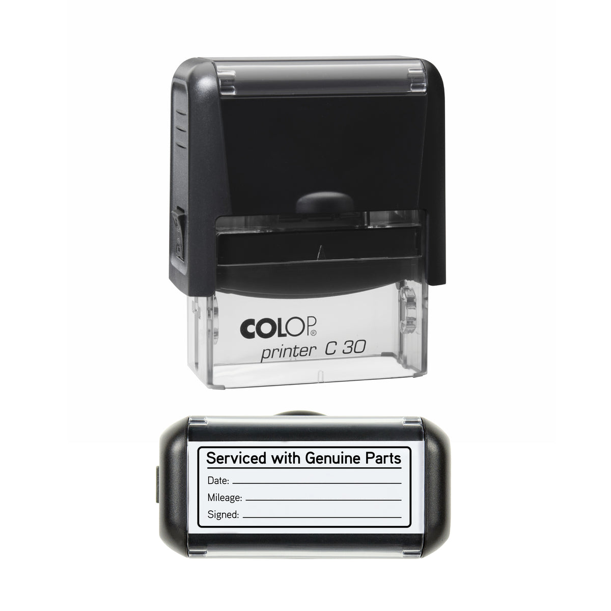 Serviced With Genuine Parts - With Fields COLOP C30 black ink impression