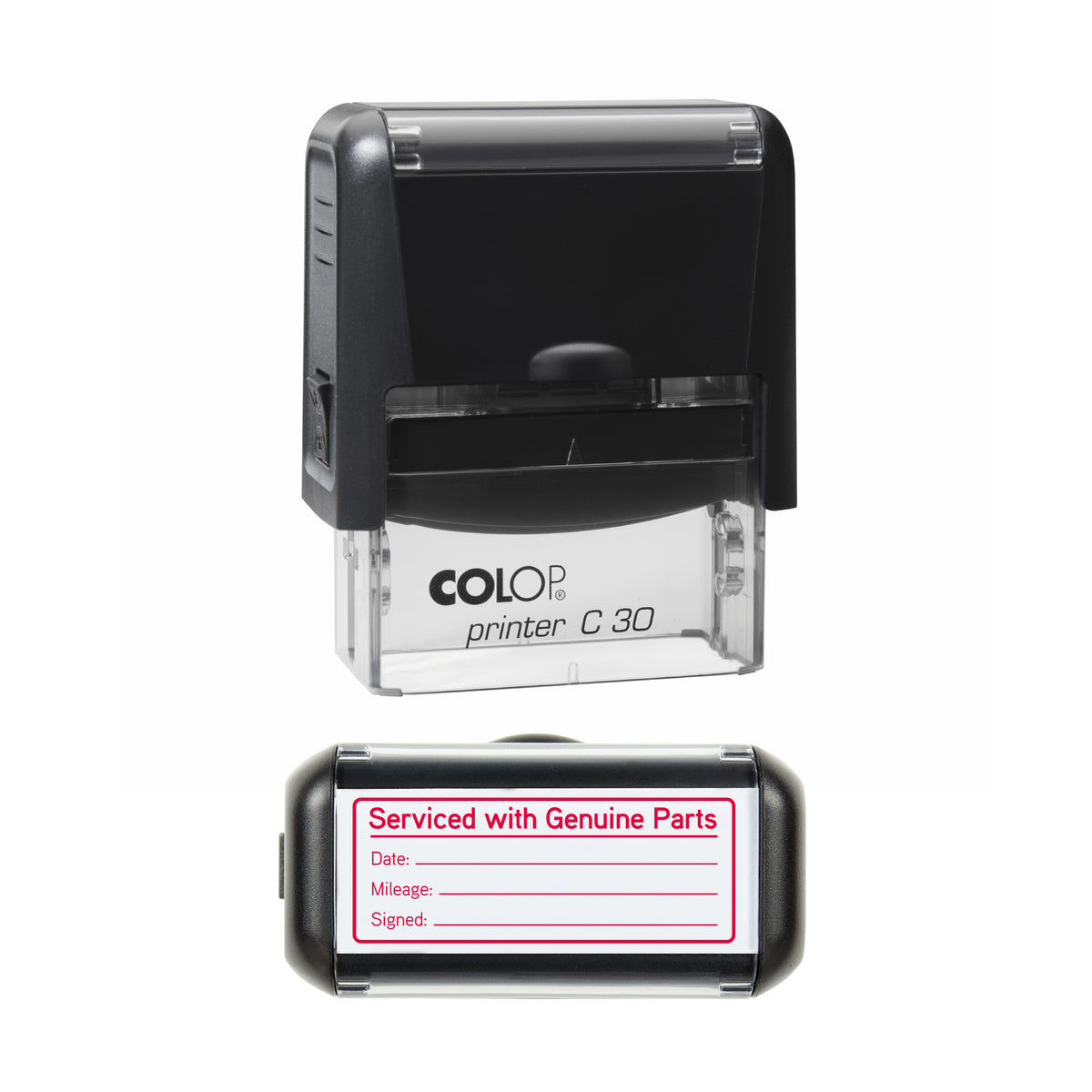 Serviced With Genuine Parts - With Fields COLOP C30 red ink impression
