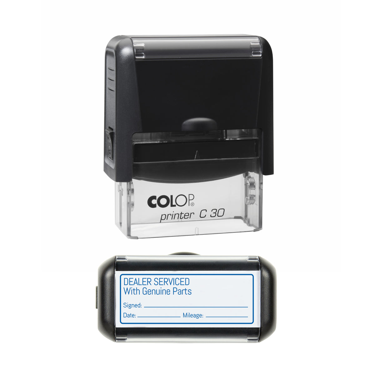 Dealer Serviced With Genuine Parts COLOP C30 blue ink impression