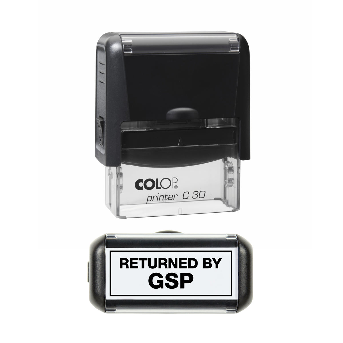 Returned by GSP COLOP C30 black ink impression