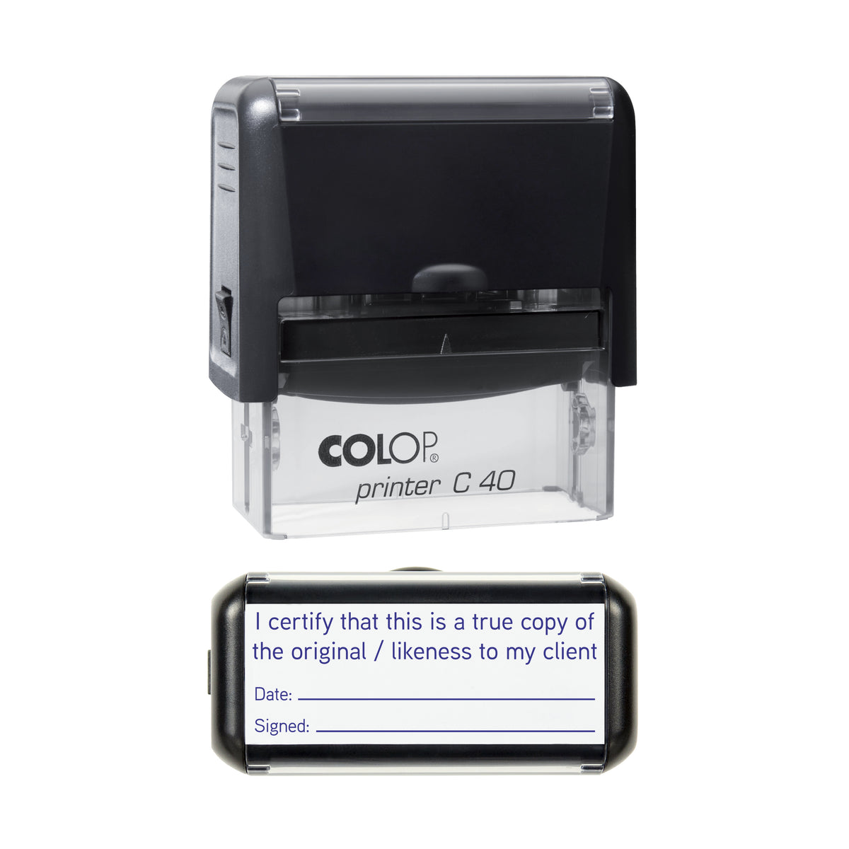 True Copy or Likeness to My Client COLOP C40 violet ink impression