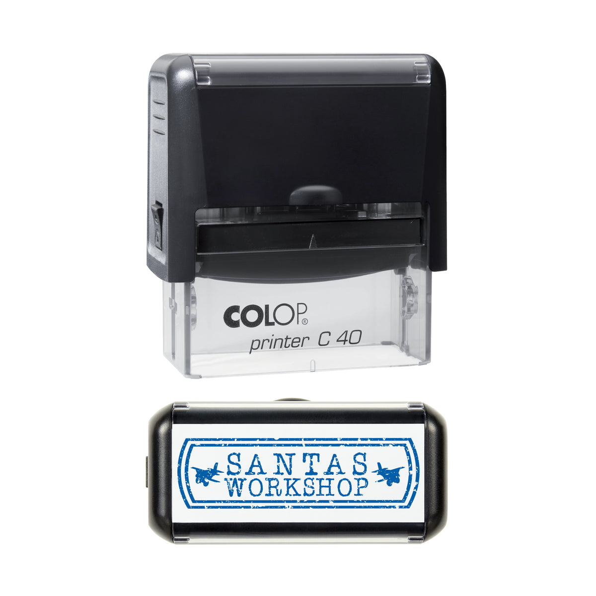 Santa's Workshop on COLOP C40 stamp, blue ink
