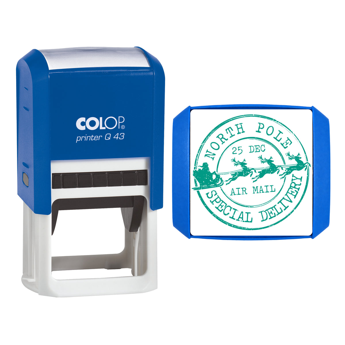 North Pole Air Mail Special Delivery on COLOP Q43 stamp, green ink
