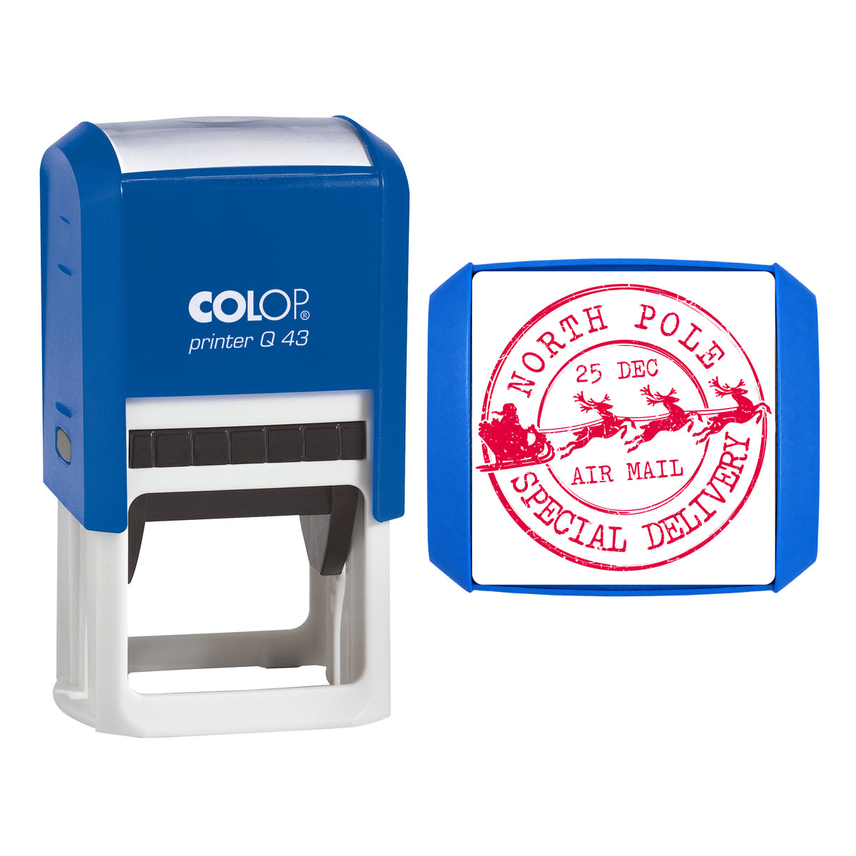 North Pole Air Mail Special Delivery on COLOP Q43 stamp, red ink