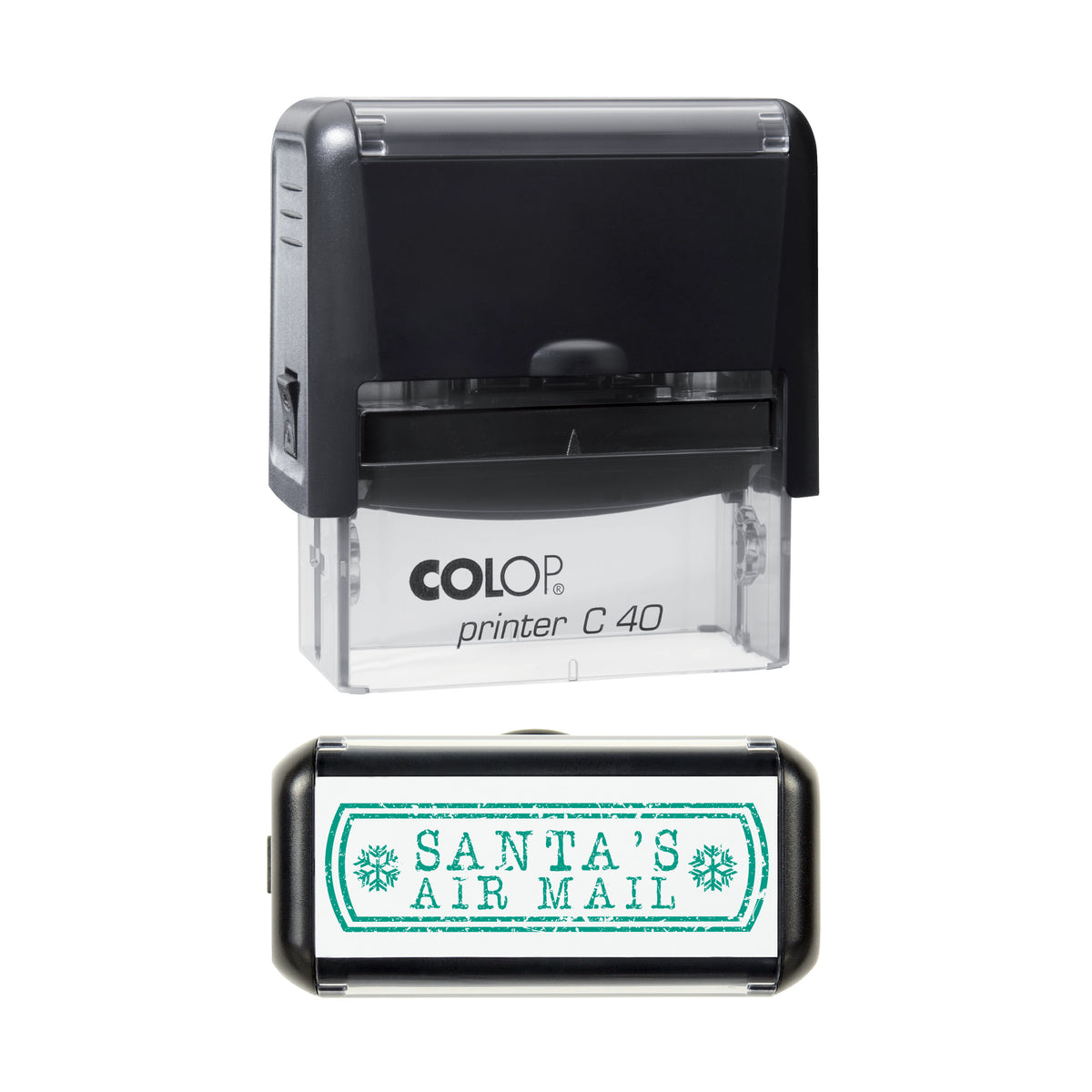 Santa's Workshop on COLOP C40 stamp, green ink