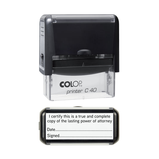 Stamp showing the Lasting Power of Attorney Certified Copy with Date and Signature design, 58 x 22mm COLOP C40 self-inking stamp, black ink