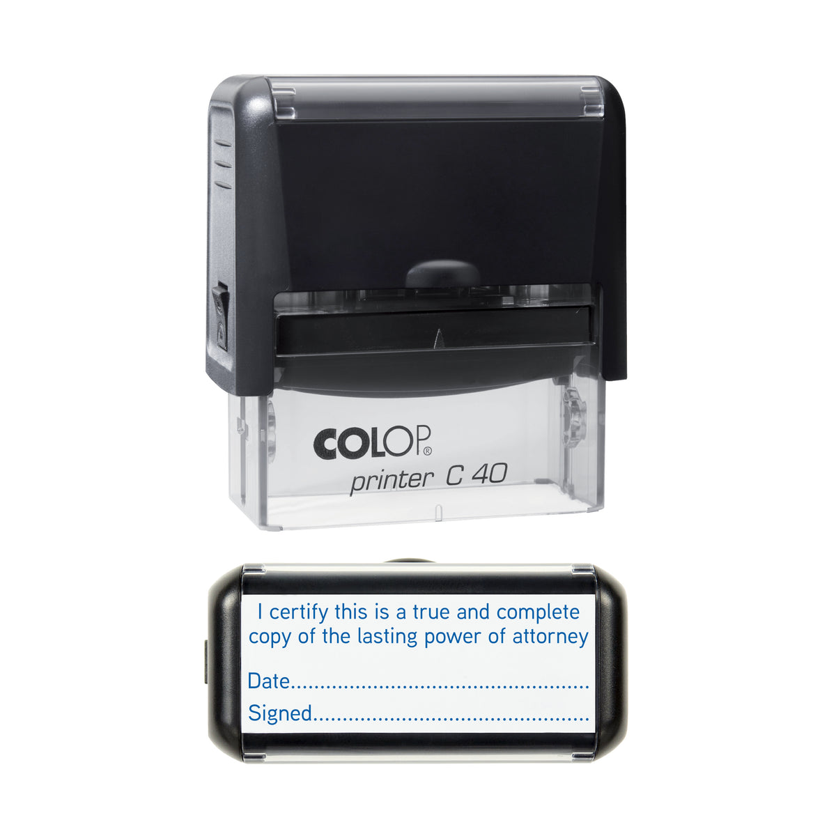 Stamp showing the Lasting Power of Attorney Certified Copy with Date and Signature design, 58 x 22mm COLOP C40 self-inking stamp, blue ink