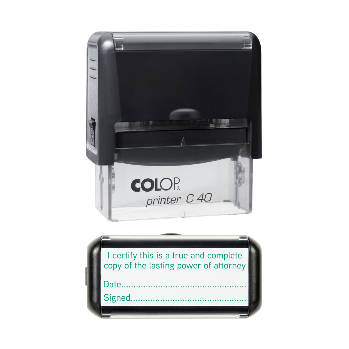 Stamp showing the Lasting Power of Attorney Certified Copy with Date and Signature design, 58 x 22mm COLOP C40 self-inking stamp, green ink