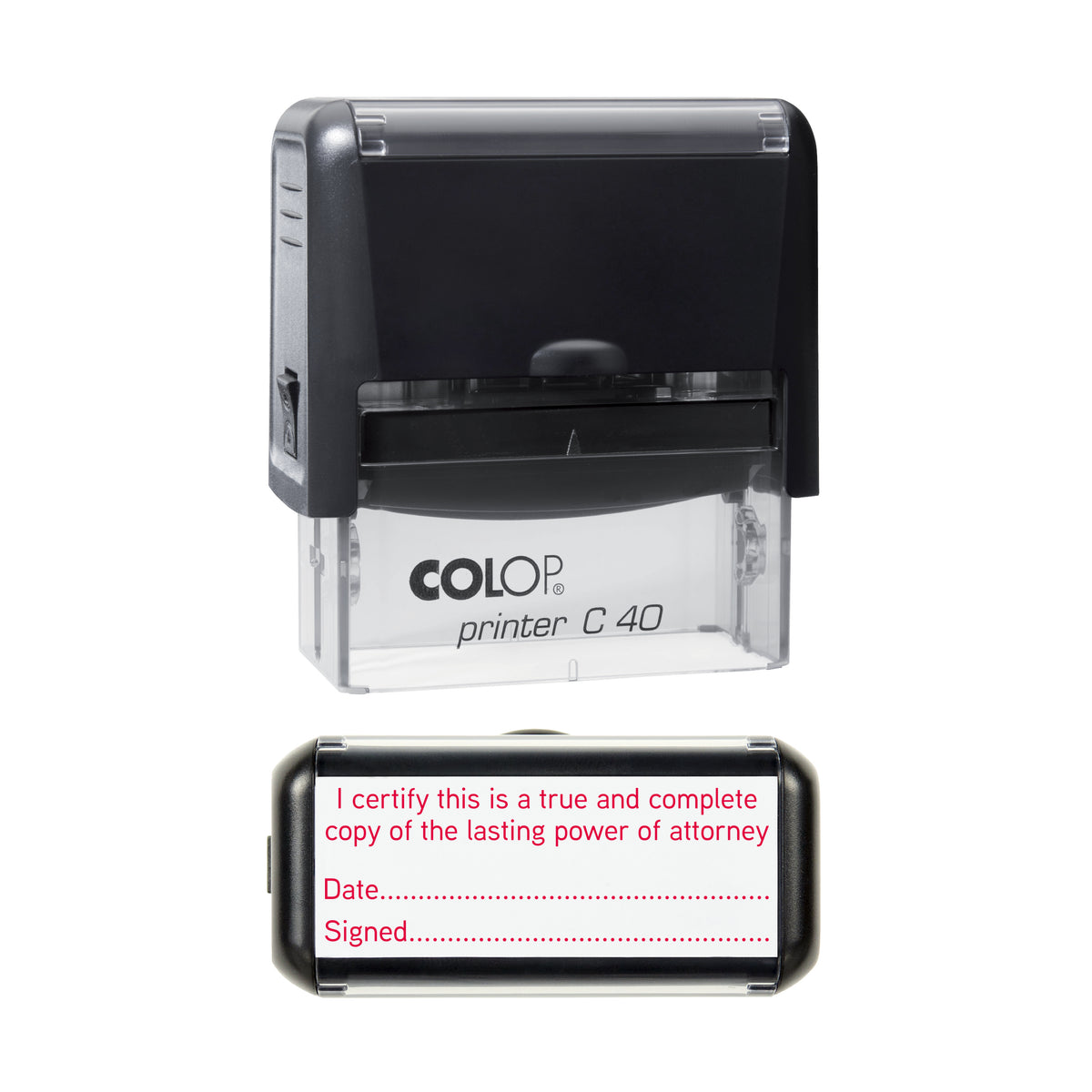 Stamp showing the Lasting Power of Attorney Certified Copy with Date and Signature design, 58 x 22mm COLOP C40 self-inking stamp, red ink