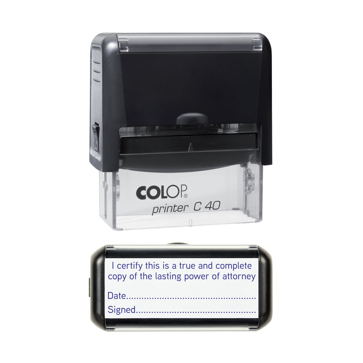 Stamp showing the Lasting Power of Attorney Certified Copy with Date and Signature design, 58 x 22mm COLOP C40 self-inking stamp, violet ink