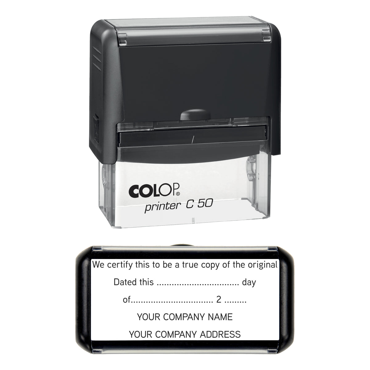 Stamp showing the True Copy of Original design, 70 x 30mm COLOP C50 self-inking stamp, black ink