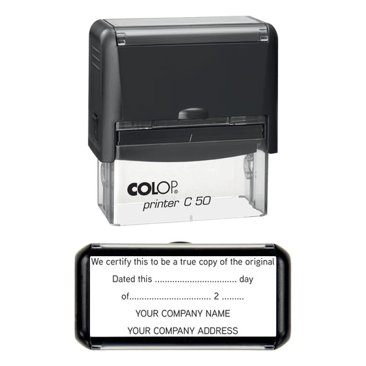 Stamp showing the True Copy of Original design, 70 x 30mm COLOP C50 self-inking stamp, black ink