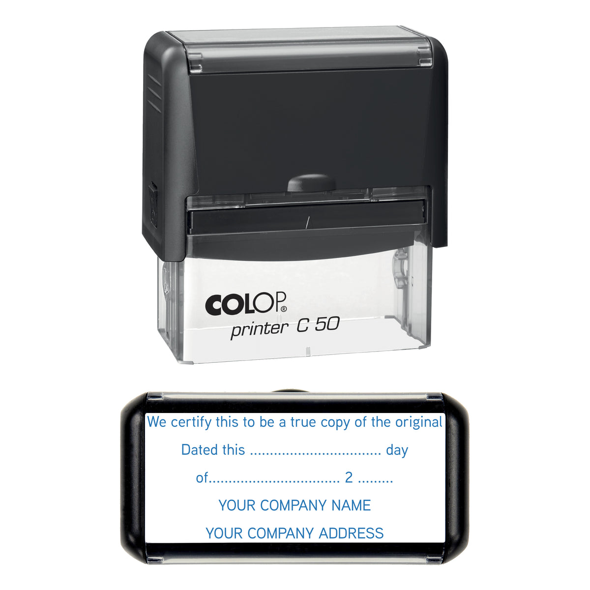 Stamp showing the True Copy of Original design, 70 x 30mm COLOP C50 self-inking stamp, blue ink
