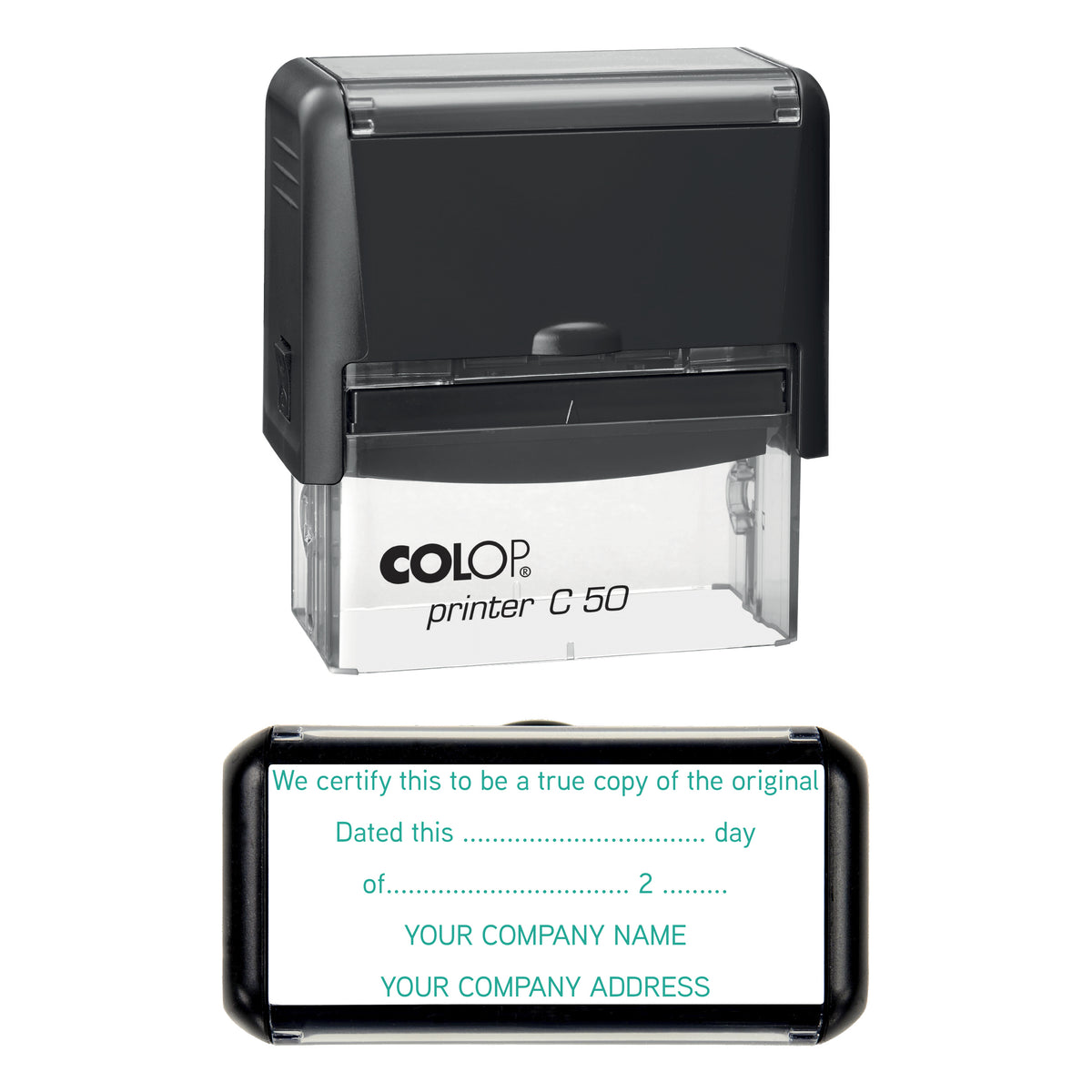 Stamp showing the True Copy of Original design, 70 x 30mm COLOP C50 self-inking stamp, green ink