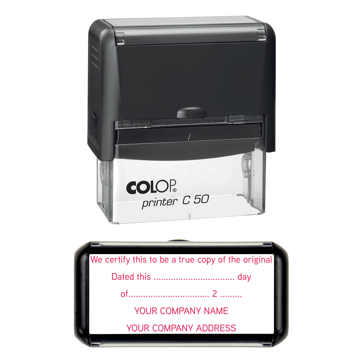 Stamp showing the True Copy of Original design, 70 x 30mm COLOP C50 self-inking stamp, red ink