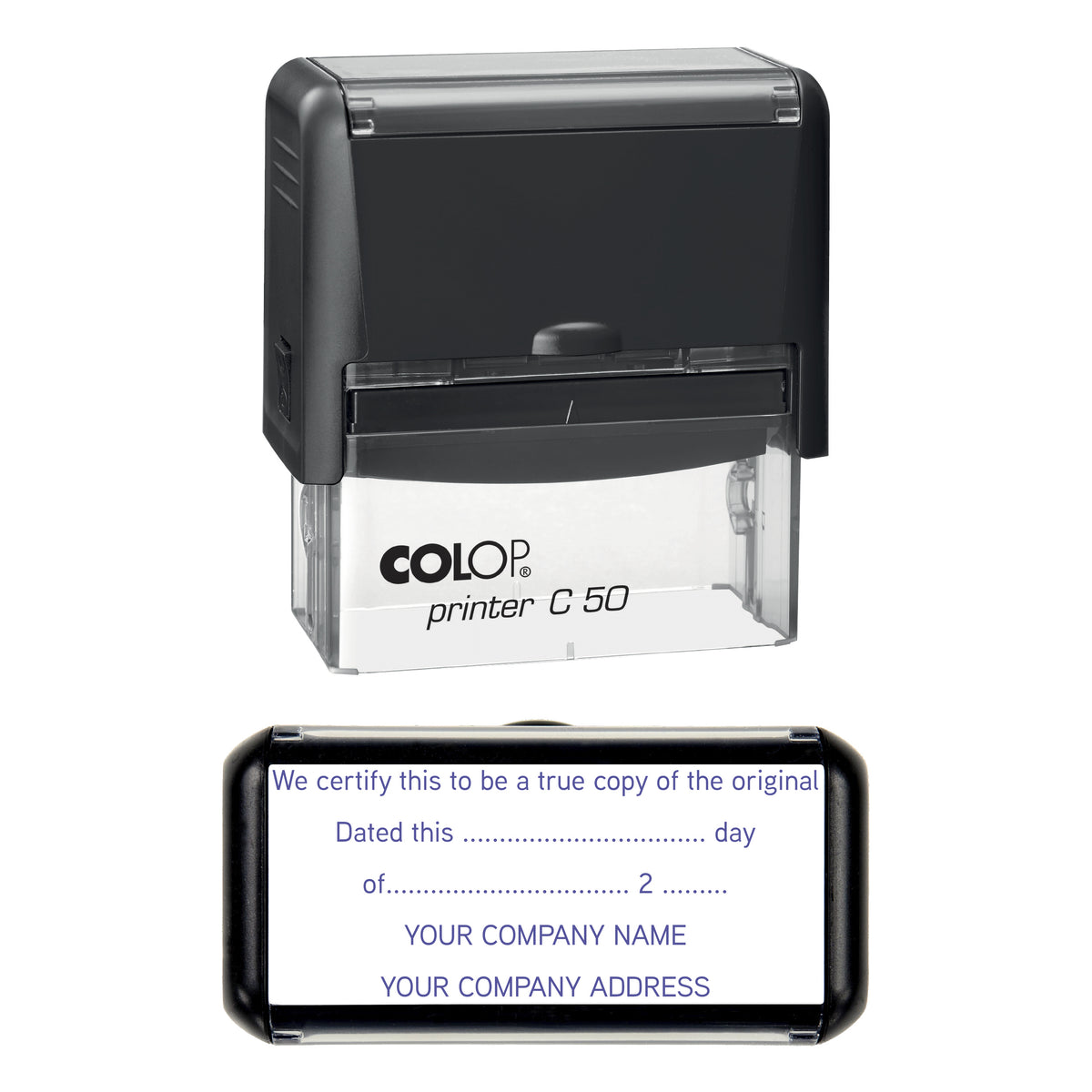 Stamp showing the True Copy of Original design, 70 x 30mm COLOP C50 self-inking stamp, violet ink