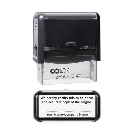 Stamp showing the True and Accurate Copy of Original Document design, 58 x 22mm COLOP C40 self-inking stamp, black ink