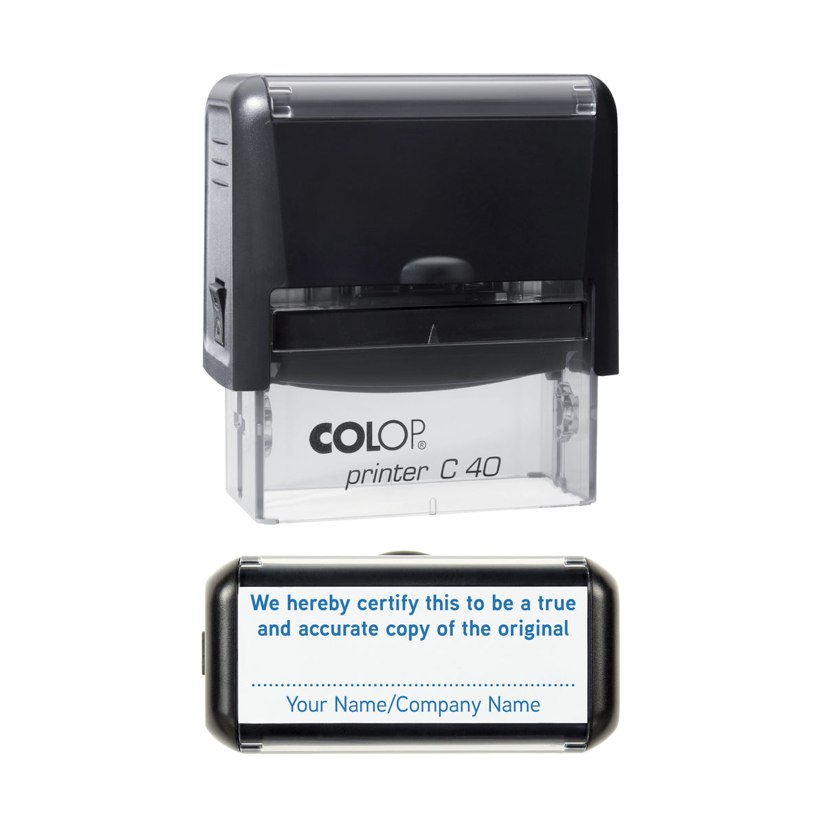 Stamp showing the True and Accurate Copy of Original Document design, 58 x 22mm COLOP C40 self-inking stamp, blue ink