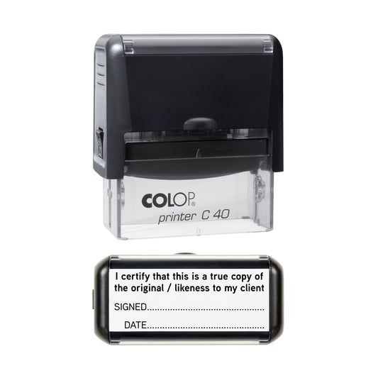 Stamp showing the True Copy of Original for Client - Signed and Dated design, 58 x 22mm COLOP C40 self-inking stamp, black ink