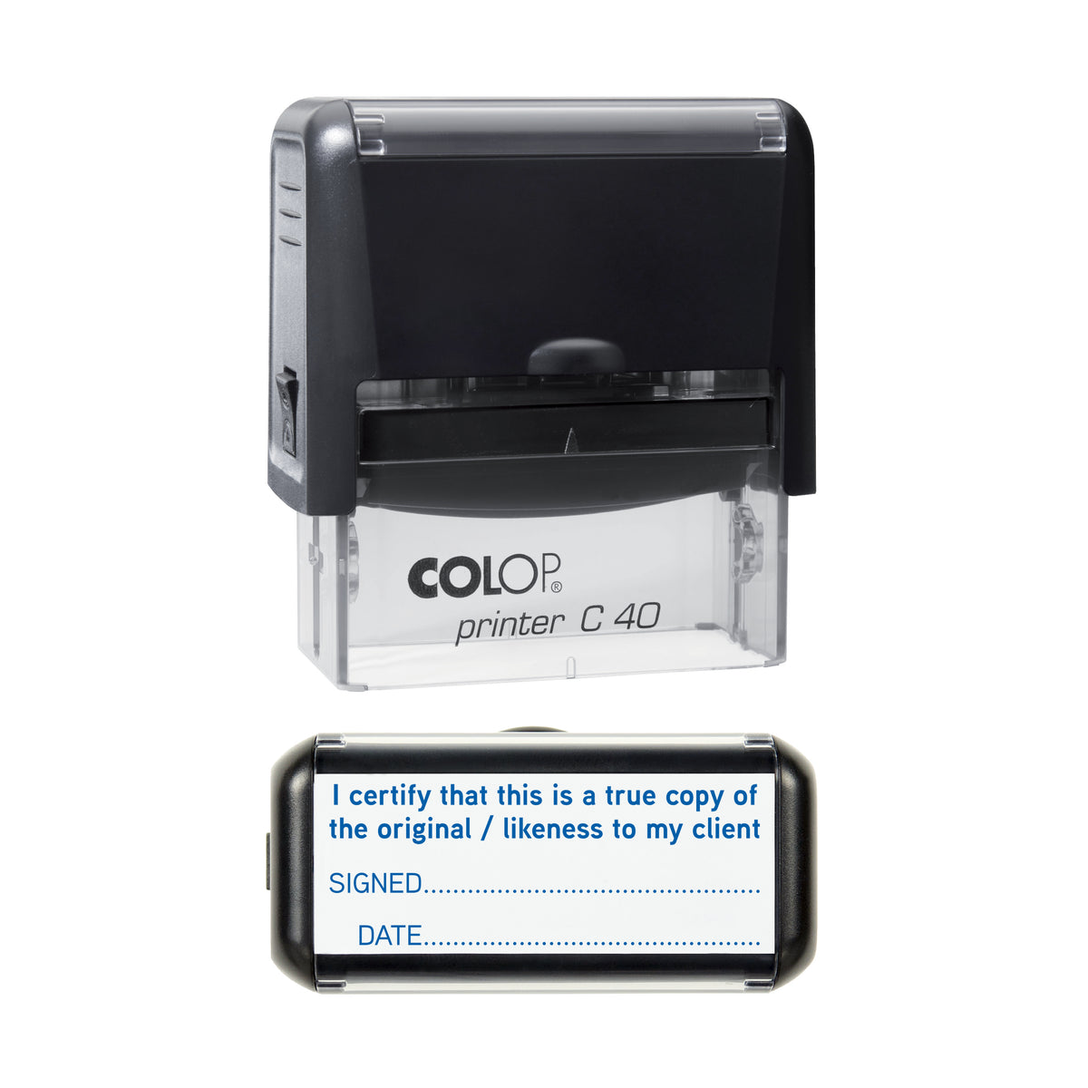 Stamp showing the True Copy of Original for Client - Signed and Dated design, 58 x 22mm COLOP C40 self-inking stamp, blue ink