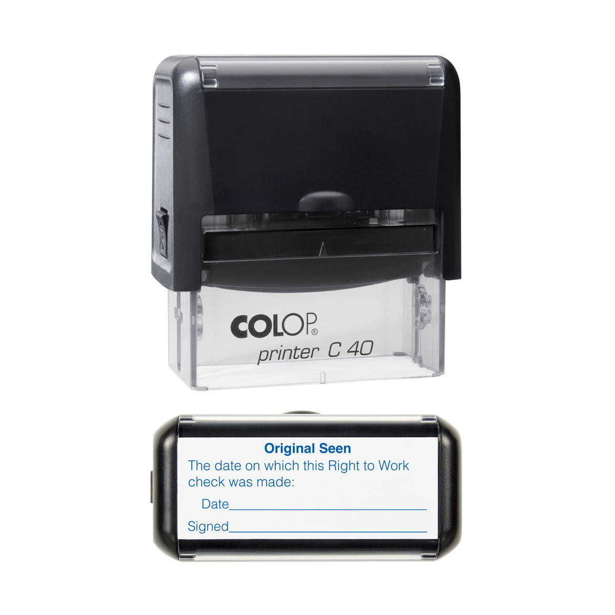 Right To Work Date Check and Sign Certified - COLOP C40 58 x 22mm self-inking stamp - Blue ink