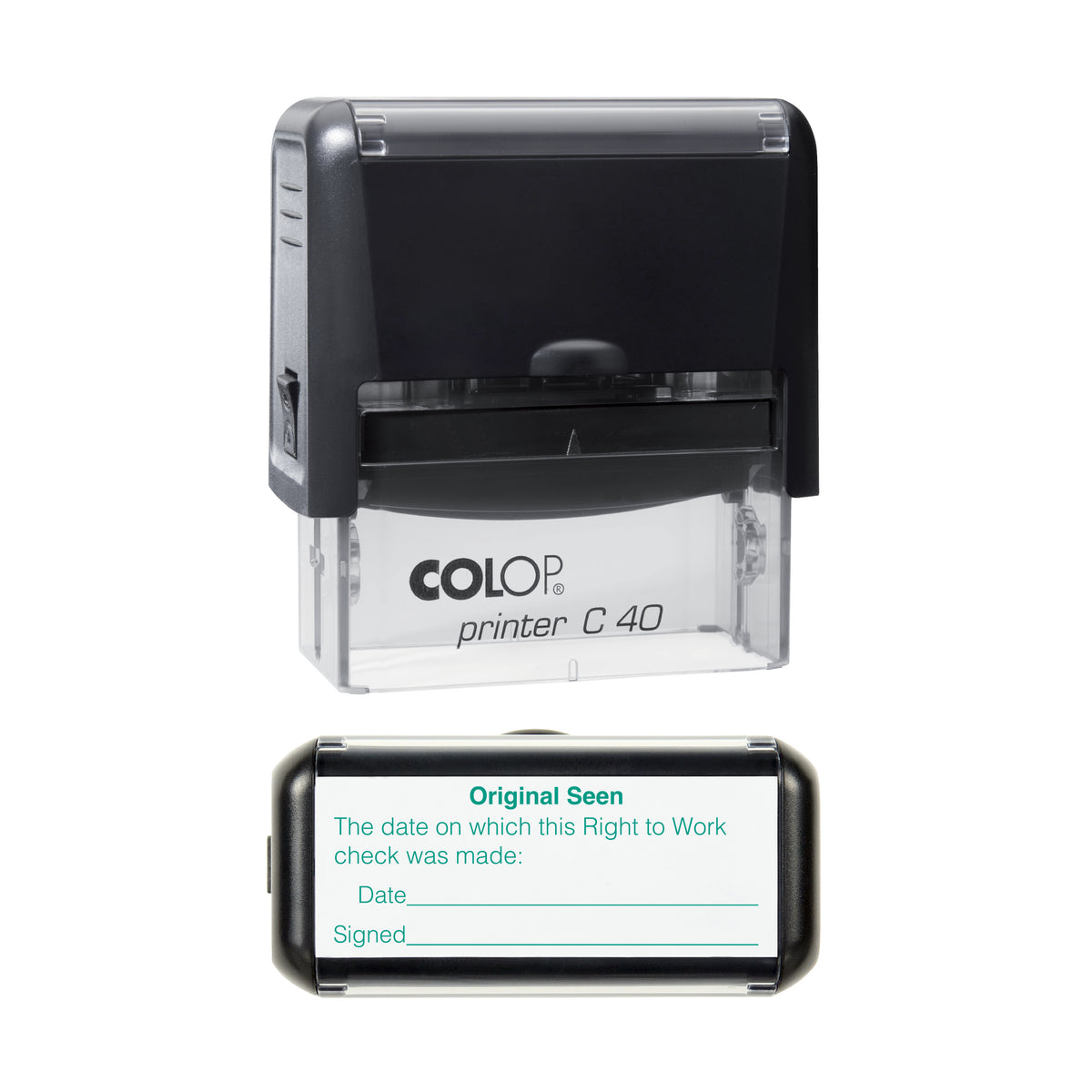 Right To Work Date Check and Sign Certified - COLOP C40 58 x 22mm self-inking stamp - Green ink