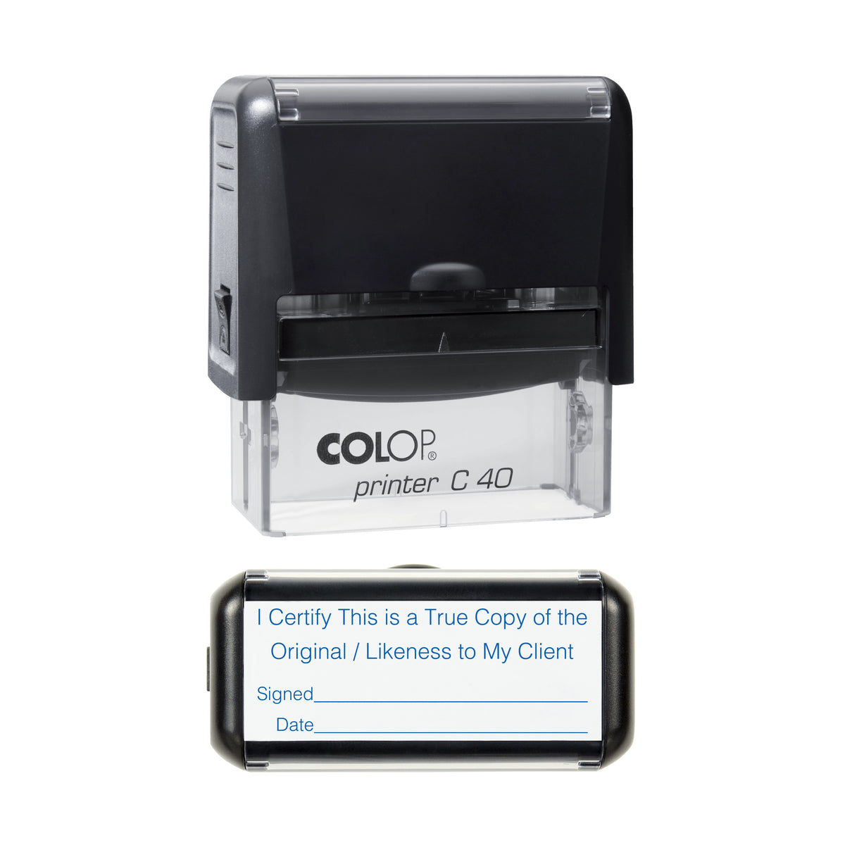 I Certify True Copy Of The Original / Likeness to Client - COLOP C40 58 x 22mm self-inking stamp - Blue ink