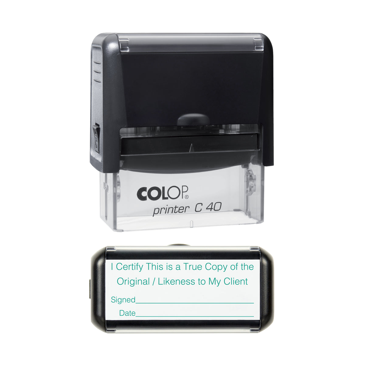 I Certify True Copy Of The Original / Likeness to Client - COLOP C40 58 x 22mm self-inking stamp - Green ink