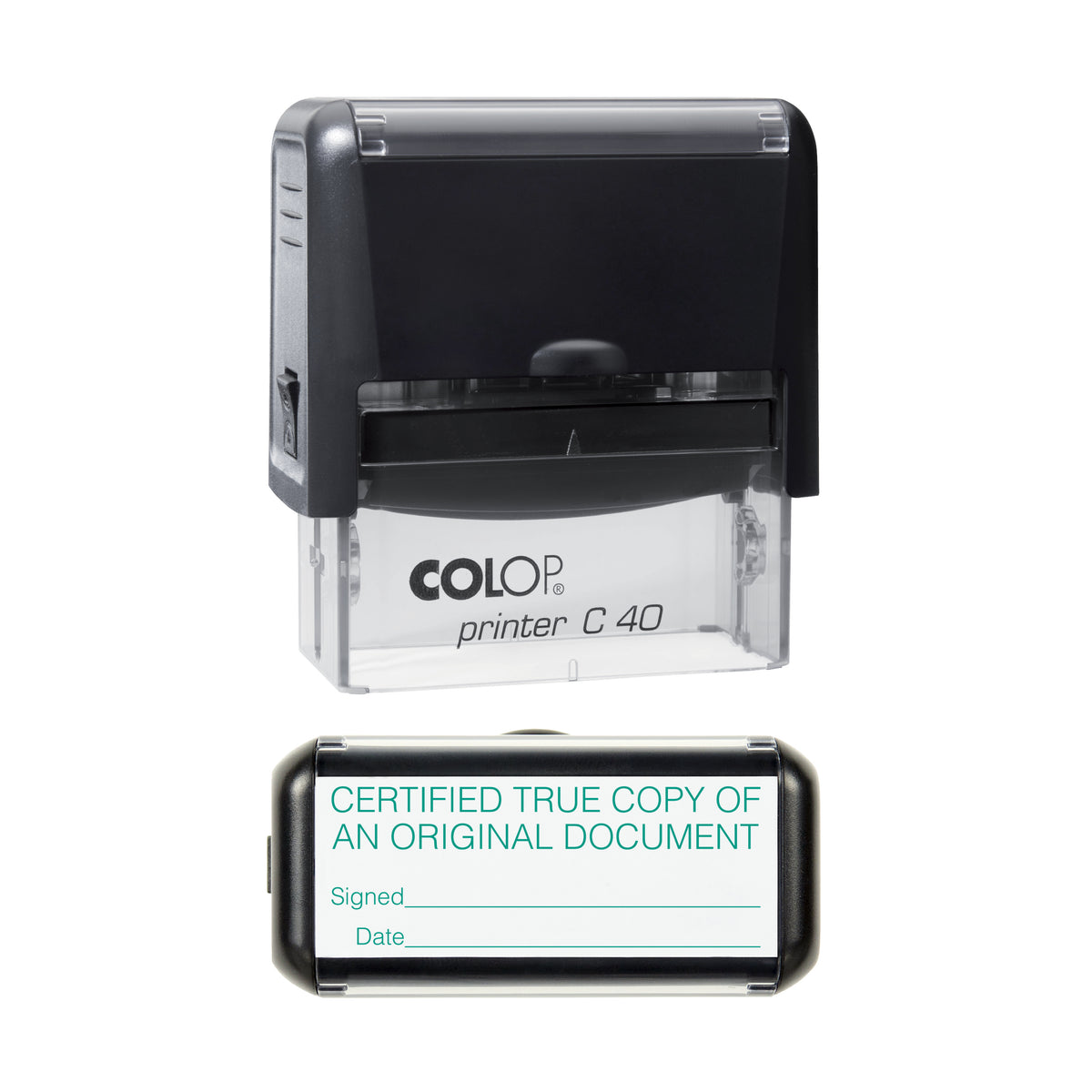 Certified True Copy of an Original Document - COLOP C40 58 x 22mm self-inking stamp - Green ink