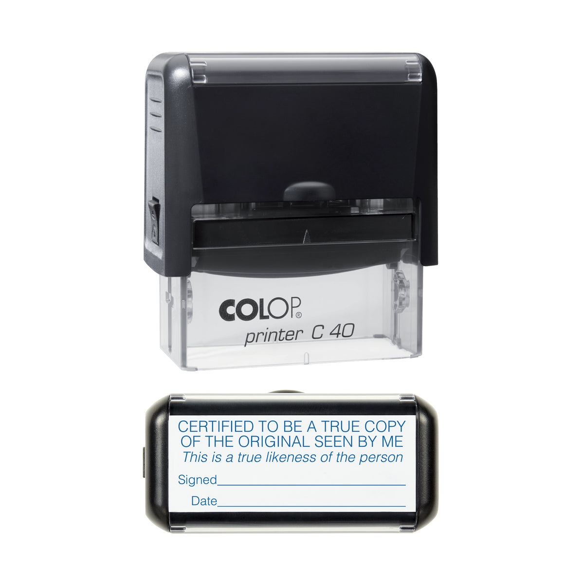 Certified Original True Copy True Likeness of the Person - COLOP C40 58 x 22mm self-inking stamp - Blue ink