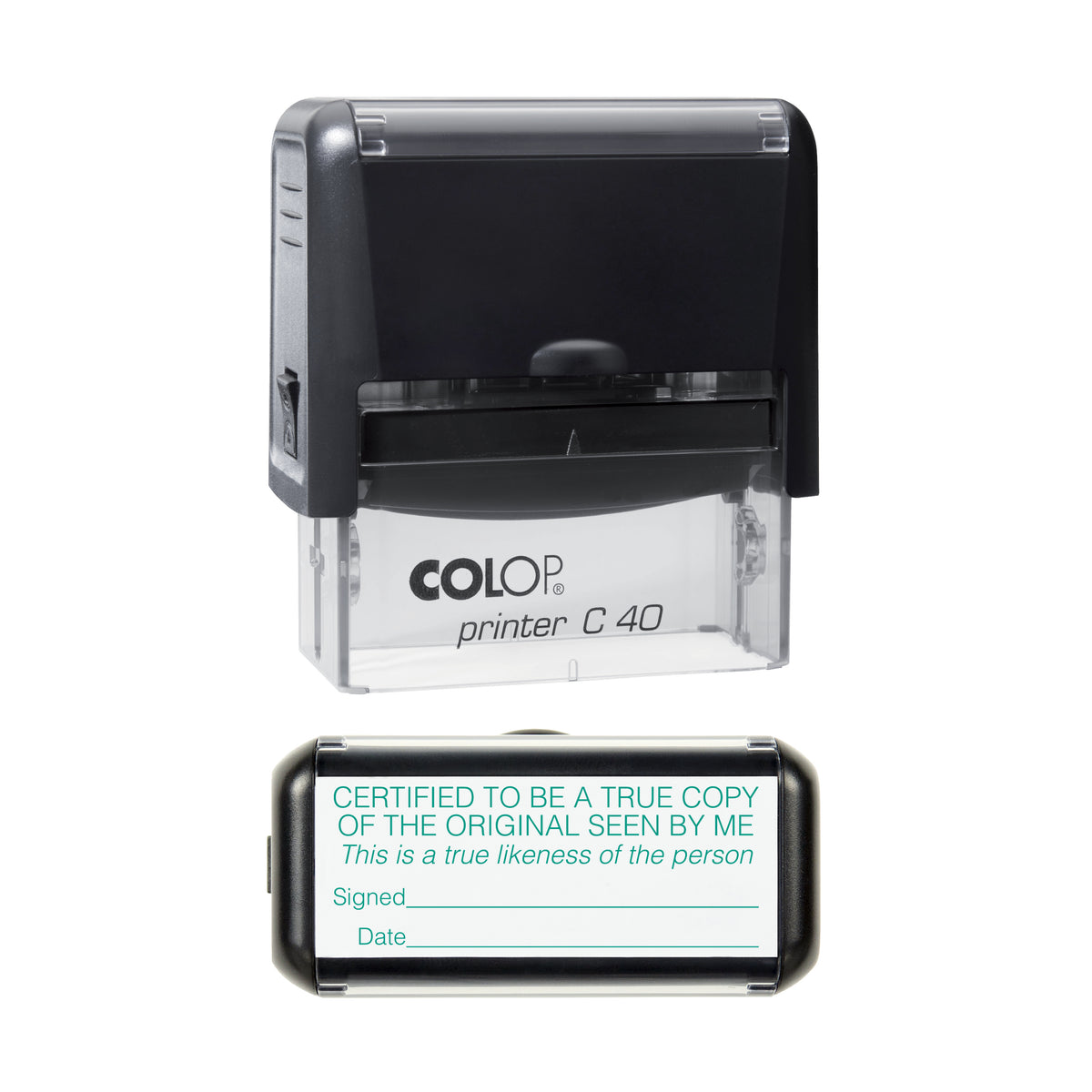 Certified Original True Copy True Likeness of the Person - COLOP C40 58 x 22mm self-inking stamp - Green ink