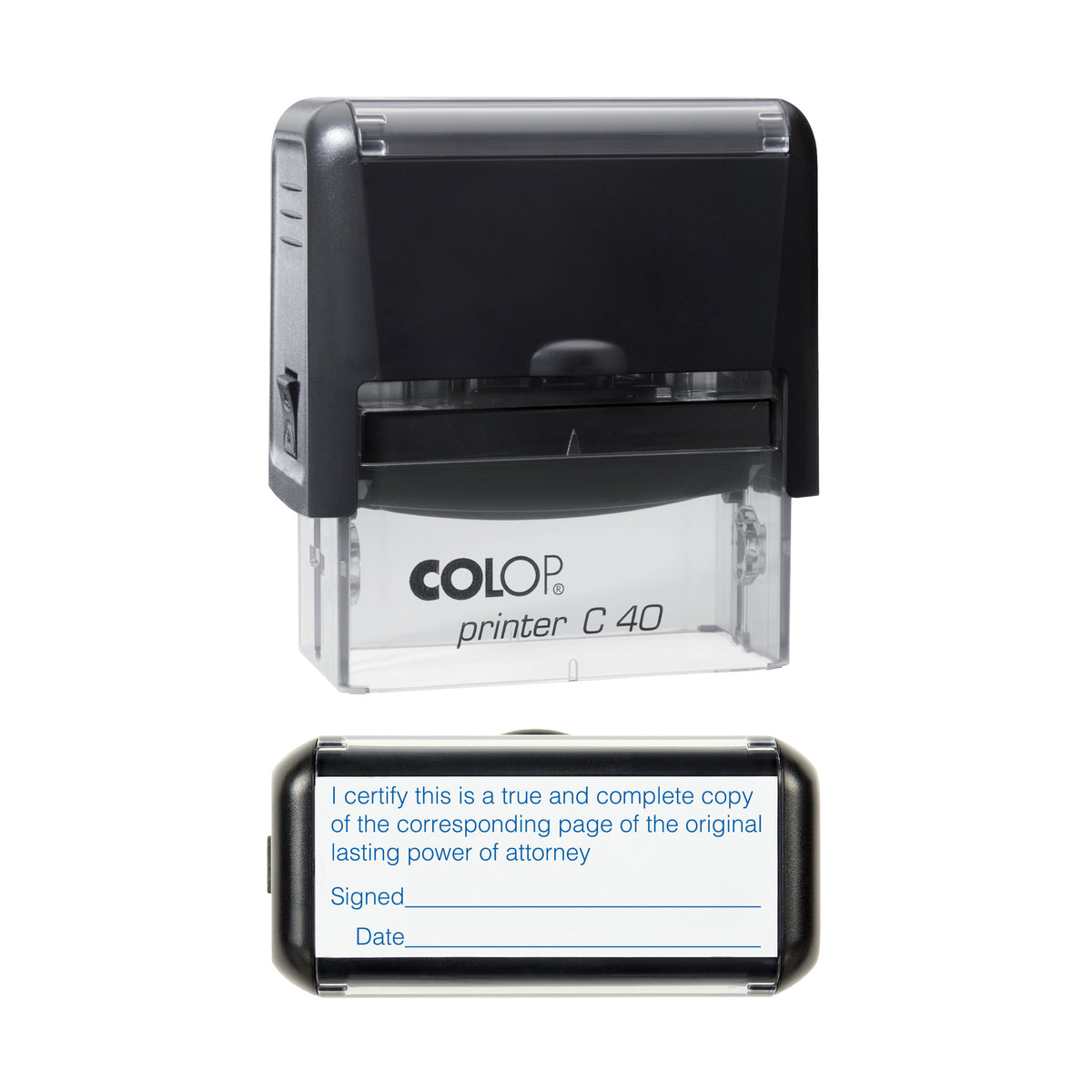 Original Certified Lasting Power of Attorney - COLOP C40 58 x 22mm self-inking stamp - Blue ink