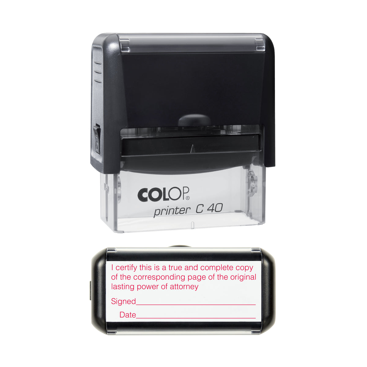 Original Certified Lasting Power of Attorney - COLOP C40 58 x 22mm self-inking stamp - Red ink