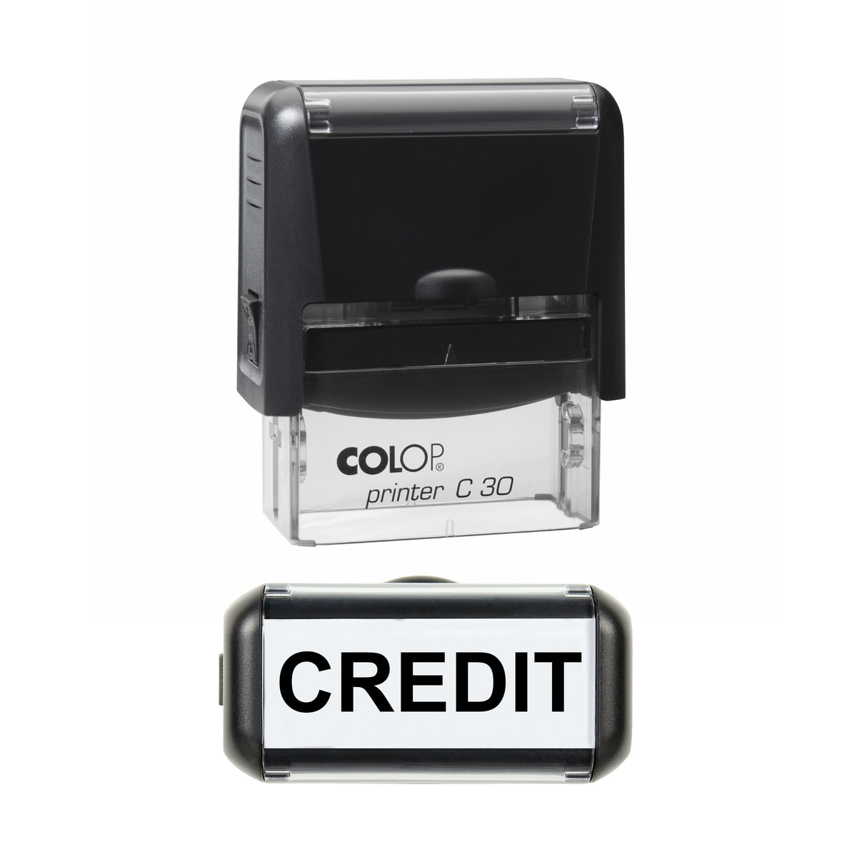 Stamp showing the Credit design, 45 x 18mm COLOP C30 self-inking stamp, black ink