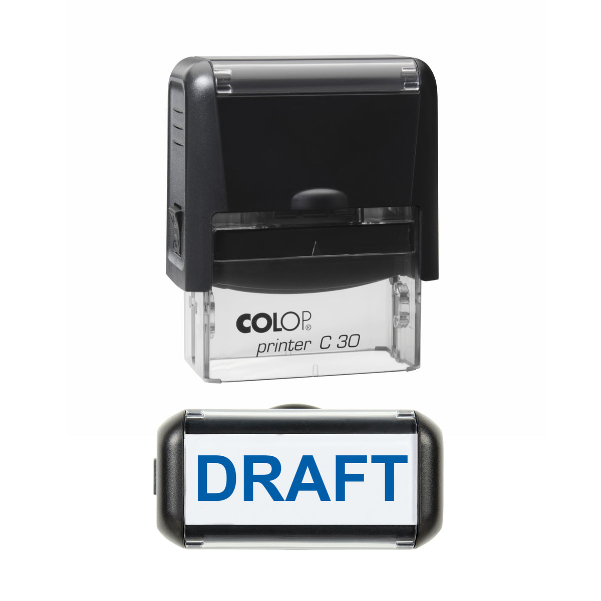 Stamp showing the Draft design, 45 x 18mm COLOP C30 self-inking stamp, blue ink