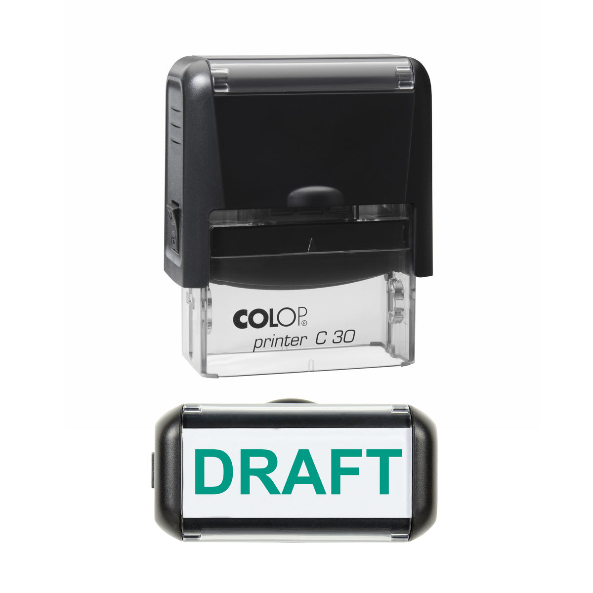 Stamp showing the Draft design, 45 x 18mm COLOP C30 self-inking stamp, green ink