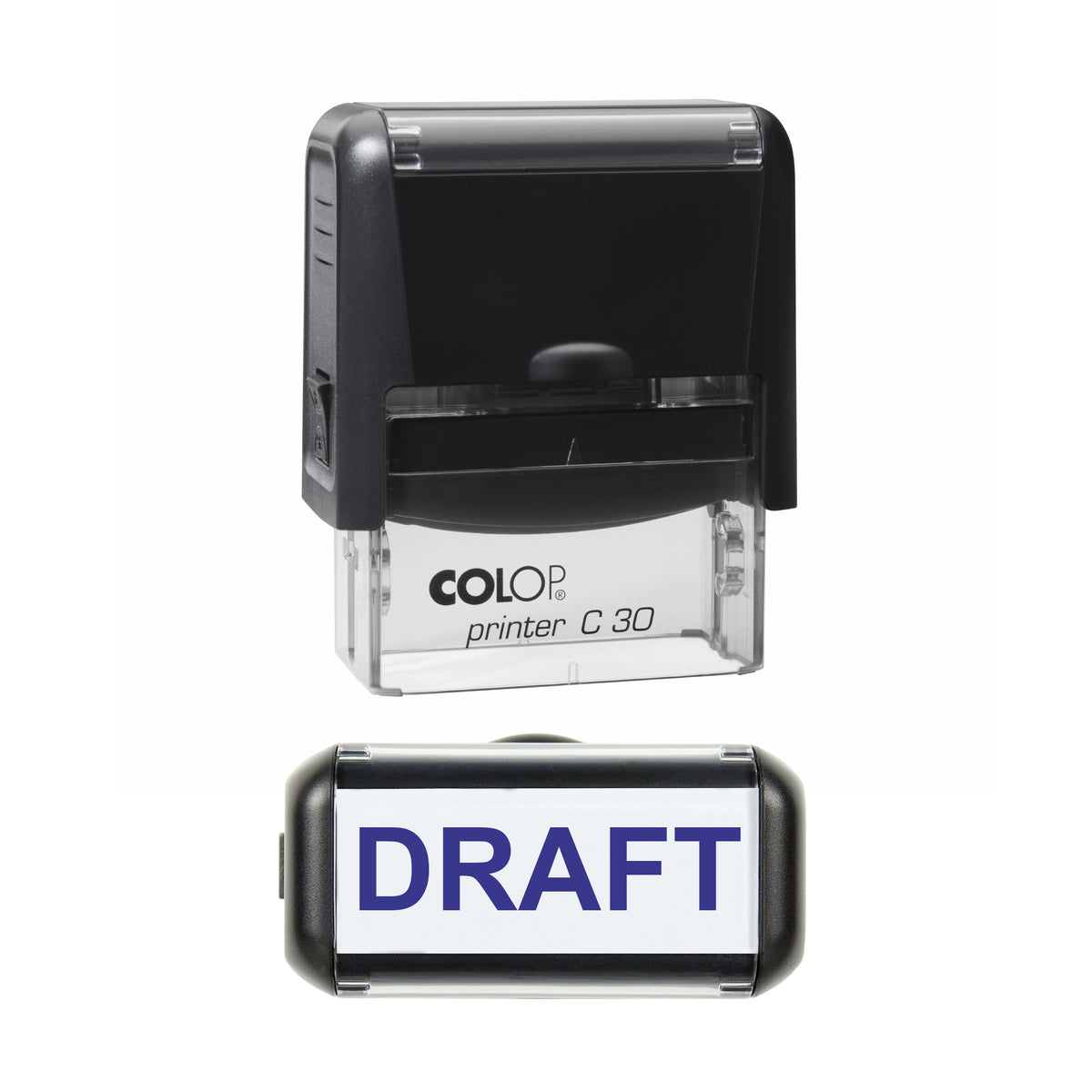 Stamp showing the Draft design, 45 x 18mm COLOP C30 self-inking stamp, violet ink