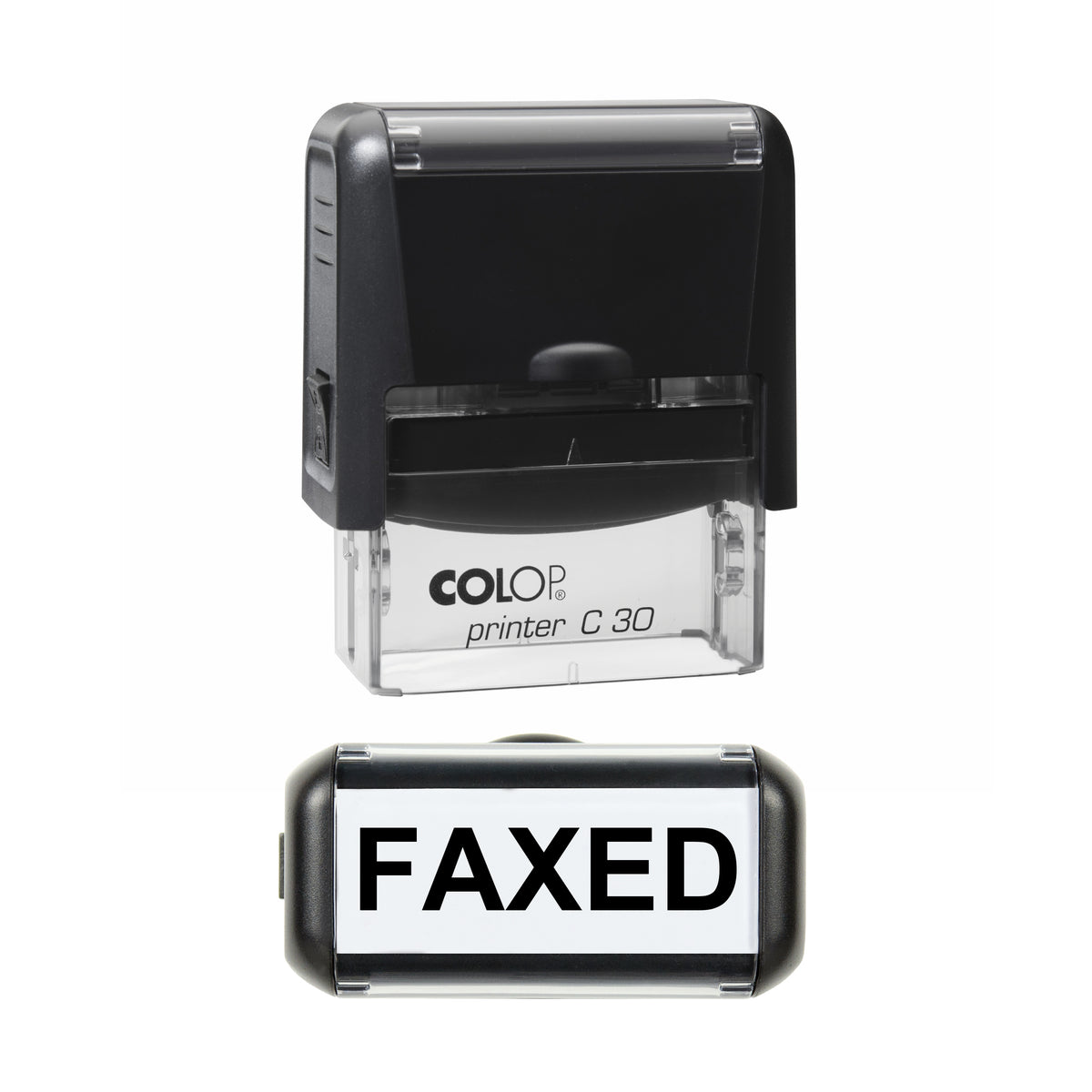 Stamp showing the Faxed design, 45 x 18mm COLOP C30 self-inking stamp, black ink