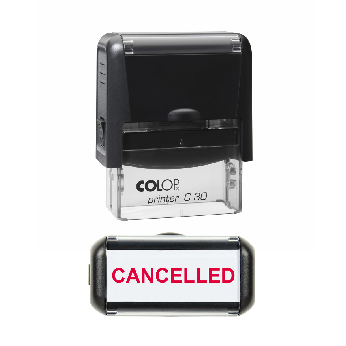 Stamp showing the Cancelled design, 45 x 18mm COLOP C30 self-inking stamp, red ink