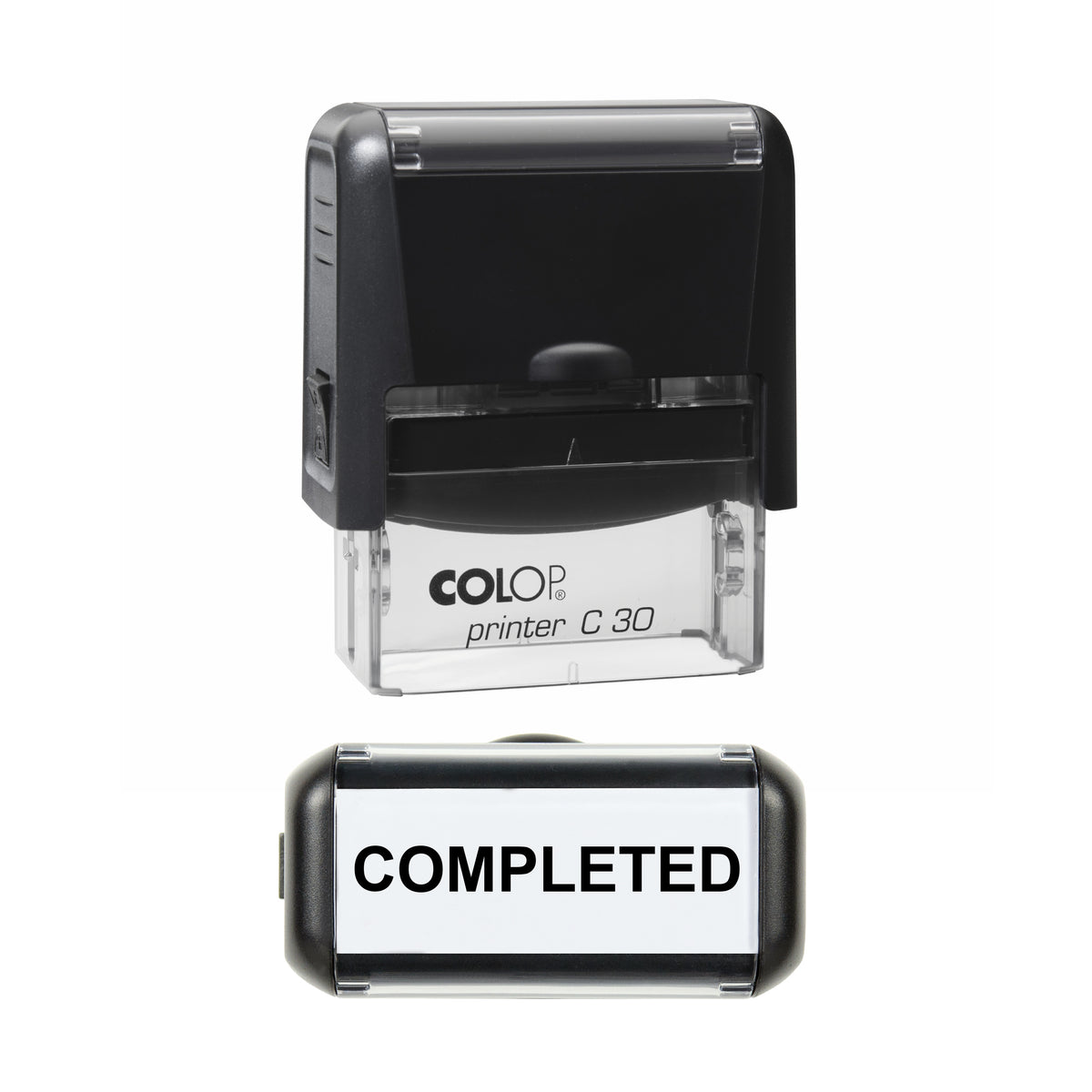 Stamp showing the Completed design, 45 x 18mm COLOP C30 self-inking stamp, black ink