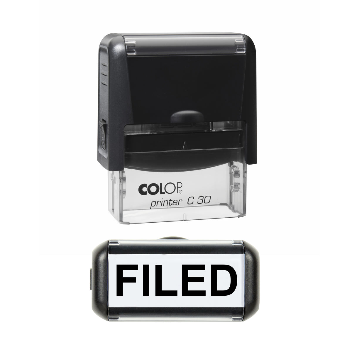 Stamp showing the Filed design, 45 x 18mm COLOP C30 self-inking stamp, black ink