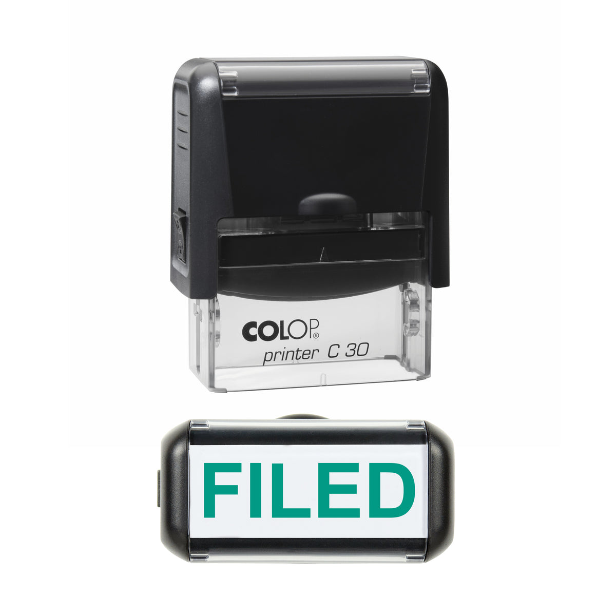 Stamp showing the Filed design, 45 x 18mm COLOP C30 self-inking stamp, green ink