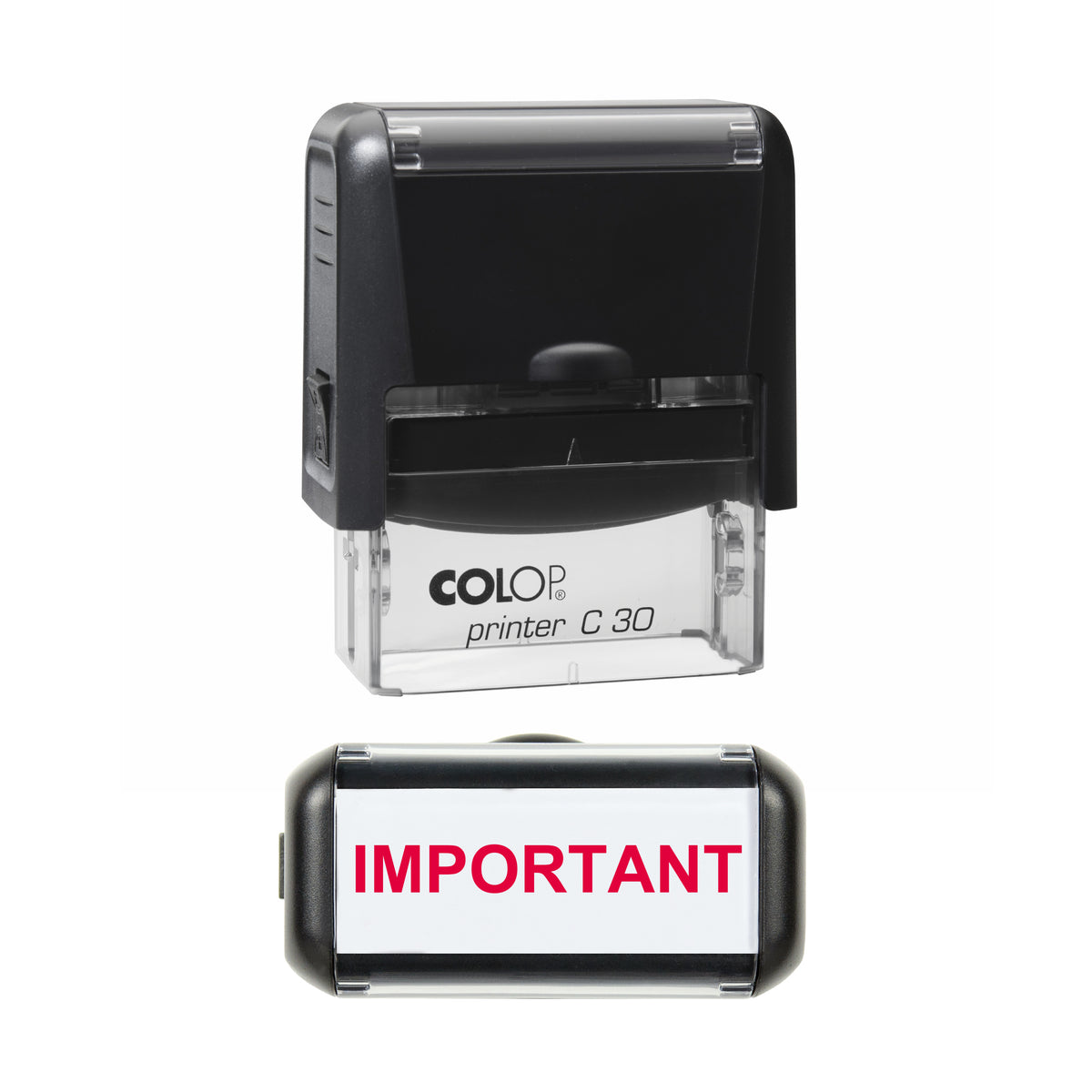 Stamp showing the Important design, 45 x 18mm COLOP C30 self-inking stamp, red ink