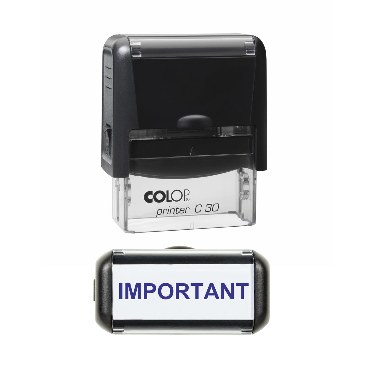 Stamp showing the Important design, 45 x 18mm COLOP C30 self-inking stamp, violet ink