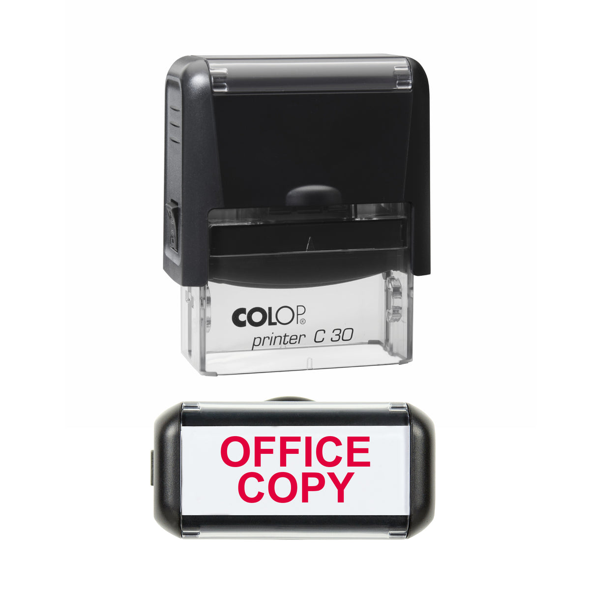 Stamp showing the Office Copy design, 45 x 18mm COLOP C30 self-inking stamp, red ink