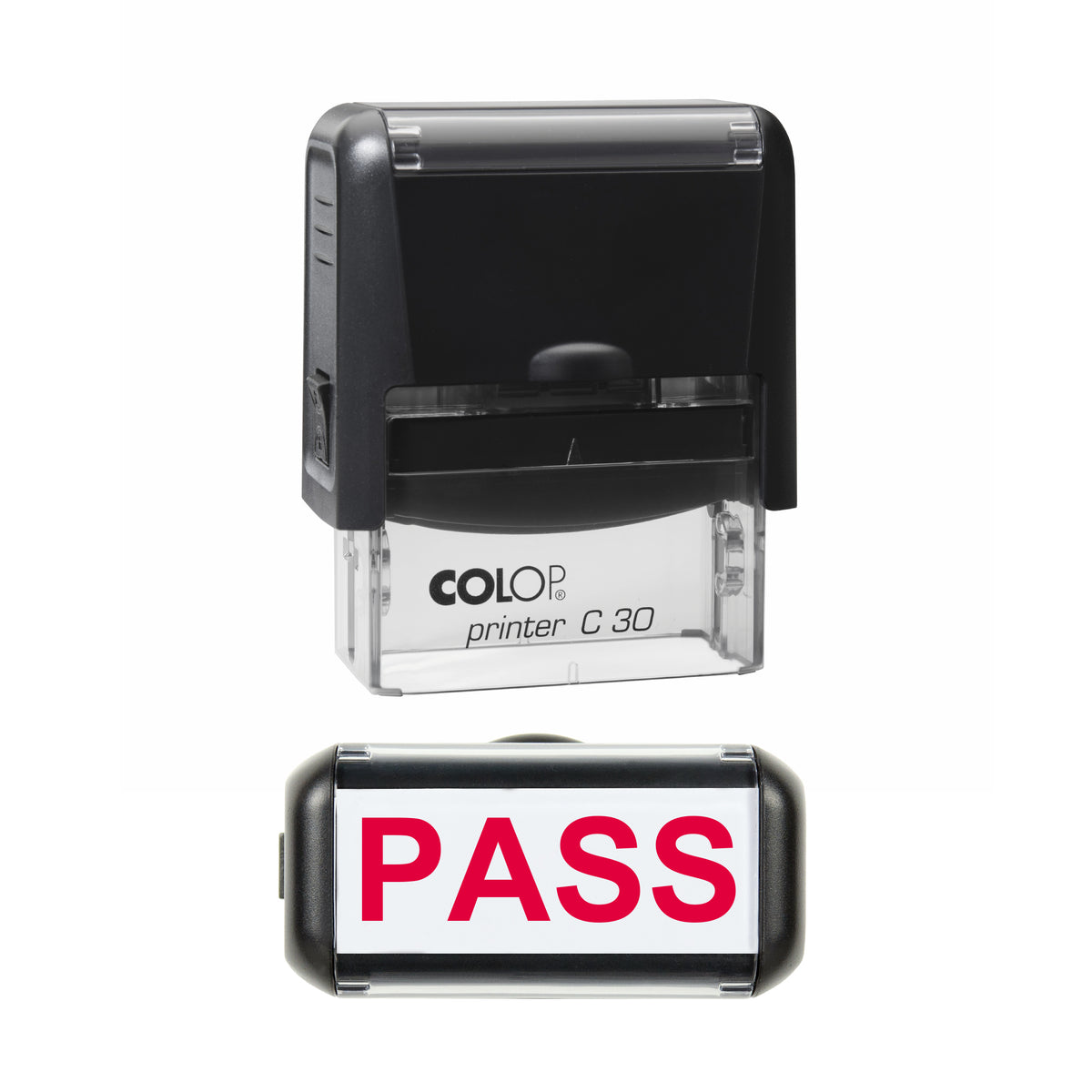 Stamp showing the Pass design, 45 x 18mm COLOP C30 self-inking stamp, red ink